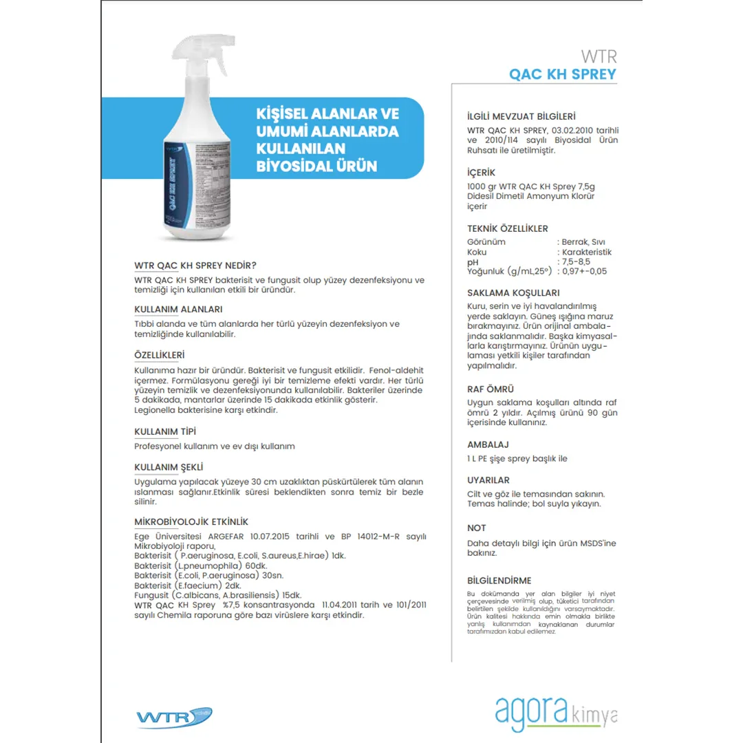 WTR QAC KH Sprey 1L biosidal surface disinfectant spray bottle with usage and safety information in Turkish