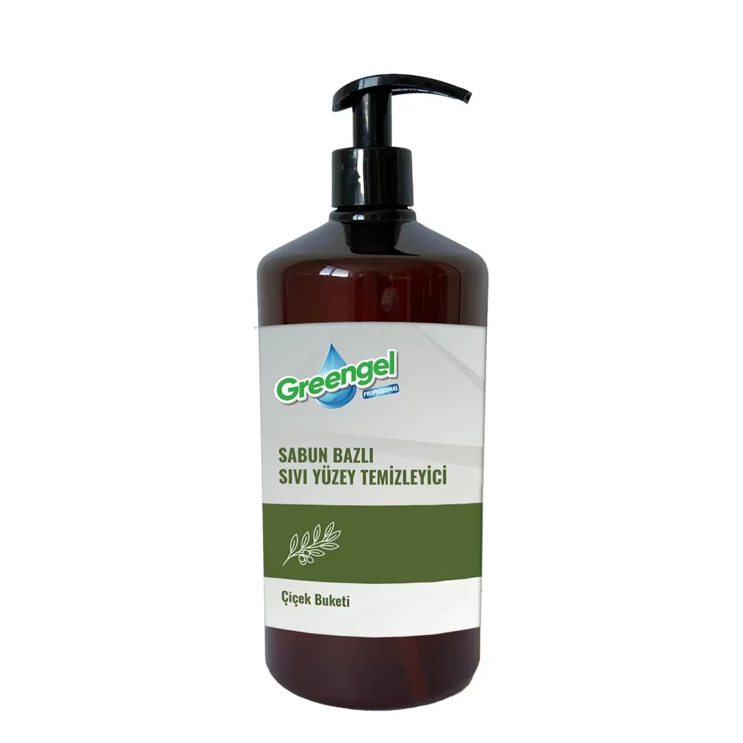 Greengel sabun bazlı sıvı yüzey temizleyici, 1 litre, çiçek buketi kokulu, kahverengi şişe