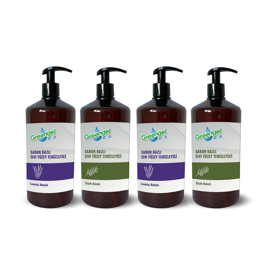 Dört adet Greengel sabun bazlı sıvı yüzey temizleyici, lavanta kokulu ve çiçek buketi çeşitleri, pompalı şişelerde