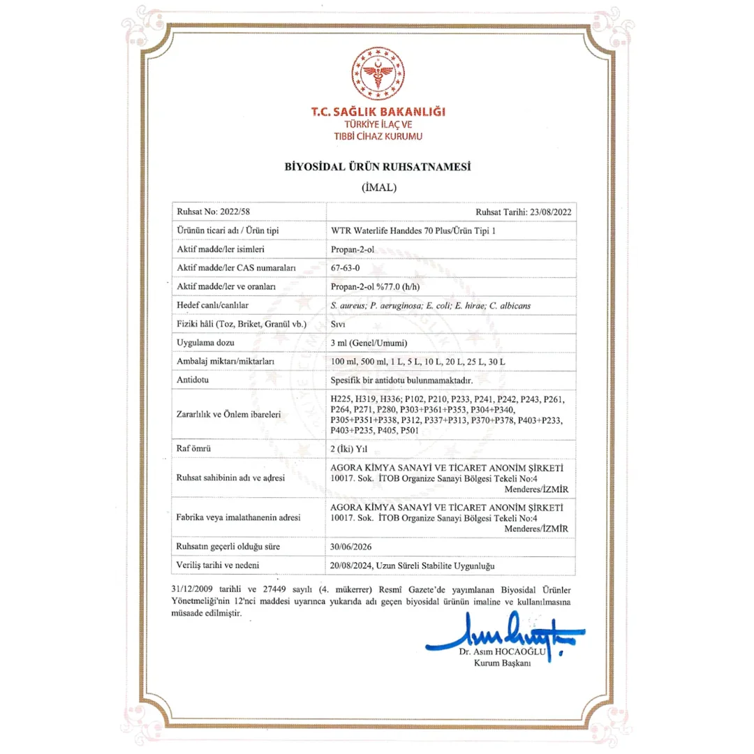 Official Turkish Ministry of Health biosidal product license certificate for WTR Waterlife Handdes 70 Plus