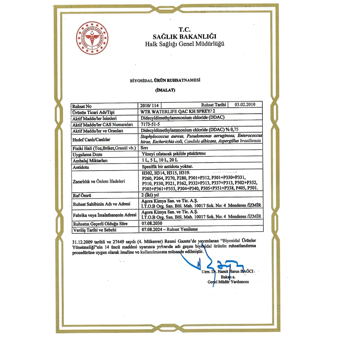 Turkish Ministry of Health biocidal product license certificate for WTR Waterlife QAC KH spray