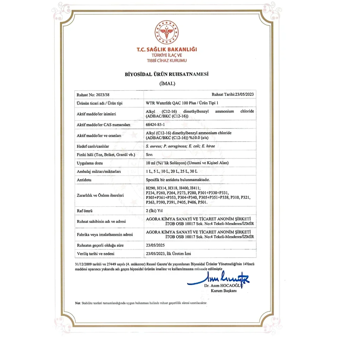 Biocidal product license certificate for WTR Waterlife QAC 100 Plus by Turkish Ministry of Health