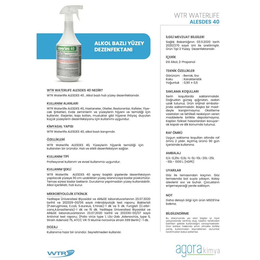 Alkol bazlı yüzey dezenfektanı WTR Waterlife Alesdes 40 sprey şişe, kullanım alanları ve teknik bilgiler
