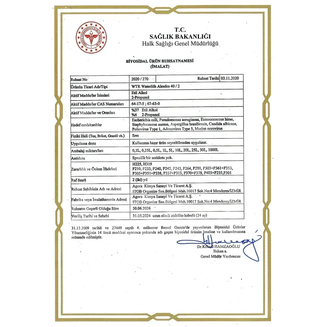 T.C. Sağlık Bakanlığı biyosidal ürün ruhsatnamesi, WTR Waterlife Alesdes 40/2 alkol bazlı dezenfektan onayı