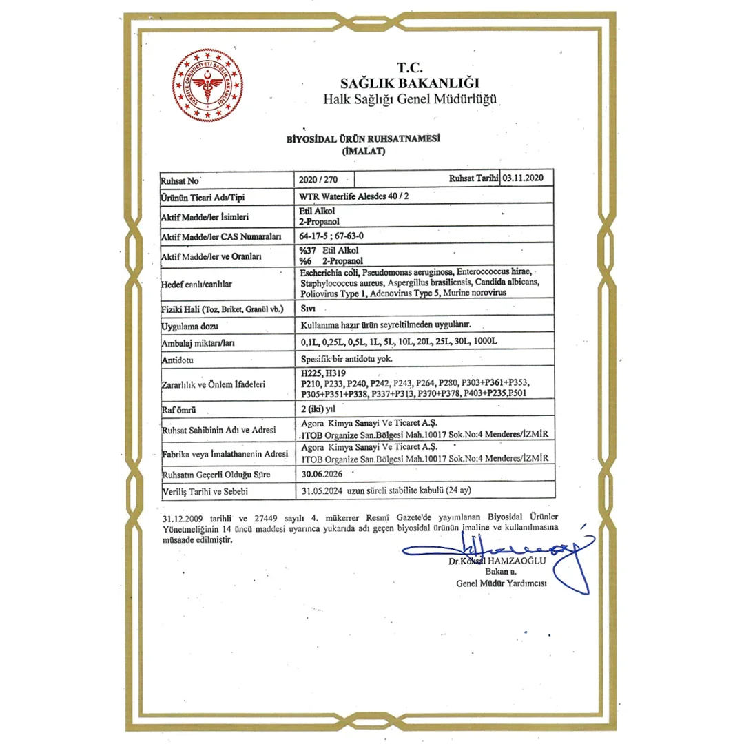 T.C. Sağlık Bakanlığı biyosidal ürün ruhsatnamesi, WTR Waterlife Alesdes 40/2, etil alkol %37, 2-Propanol %6, üretici Agora Kimya