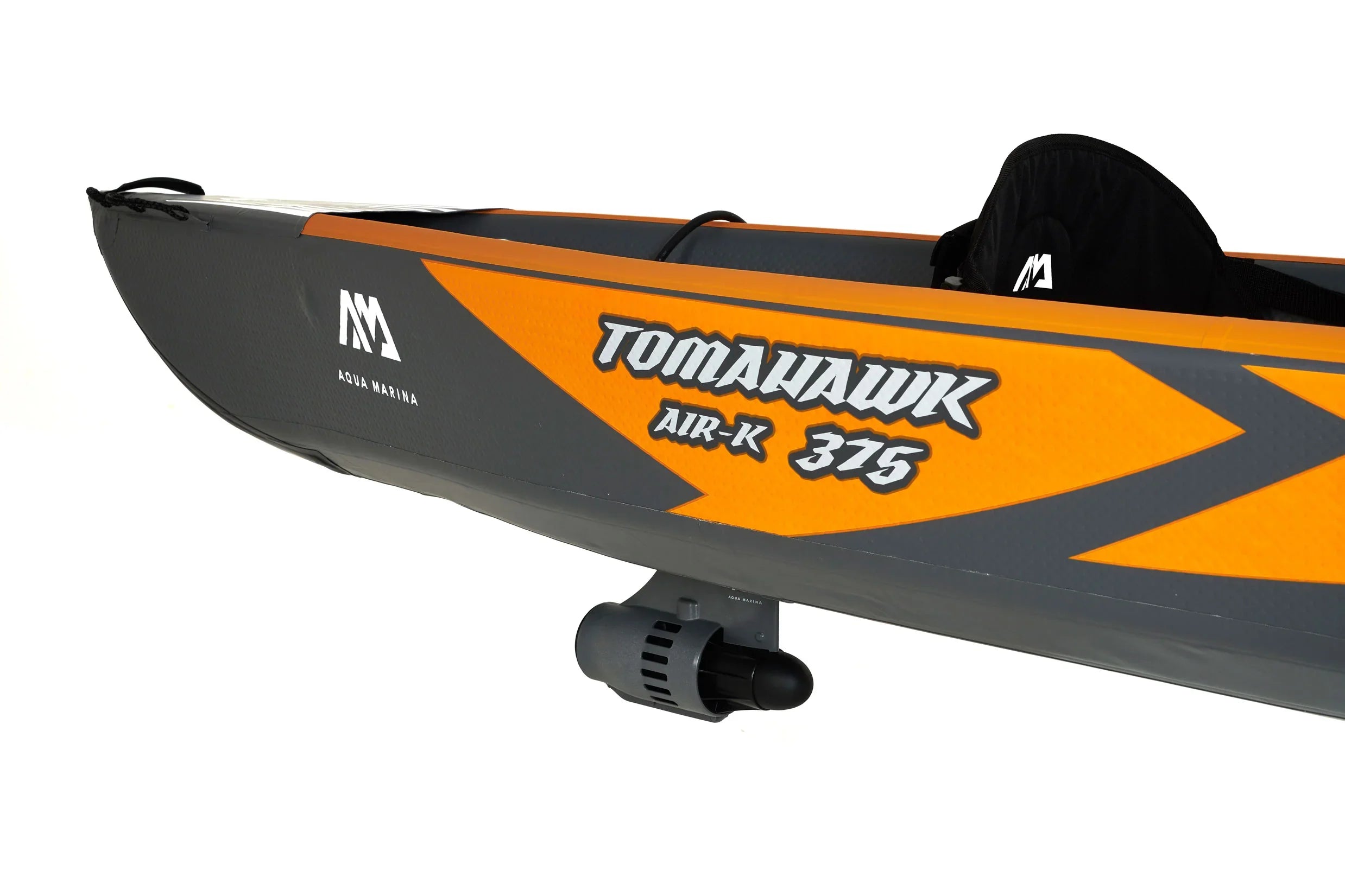 Aqua Marina Tomahawk Air-K 375 turuncu gri şişme kano, siyah oturma minderi ve pervane motoru