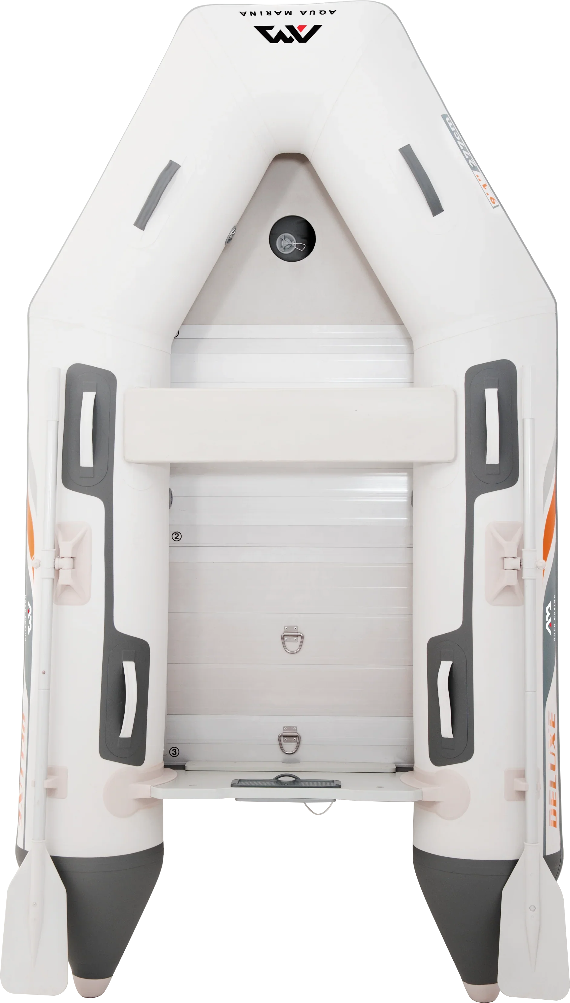 Beyaz ve gri şişme AQUA MARINA Deluxe kürekli bot, iki beyaz kürek ve taşıma tutamakları ile