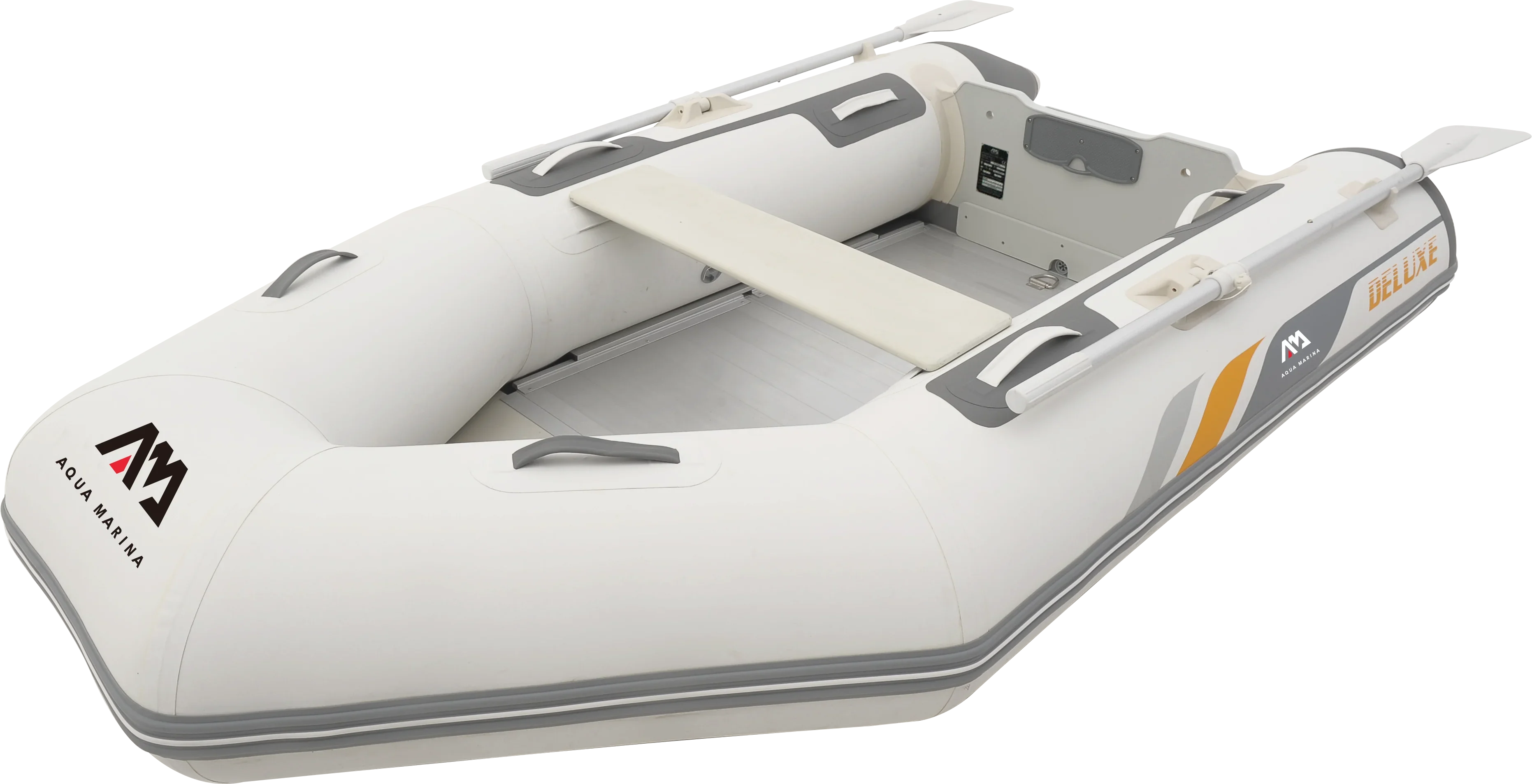 Beyaz ve gri Aqua Marina Deluxe şişme bot, kürek ve oturma bandı ile