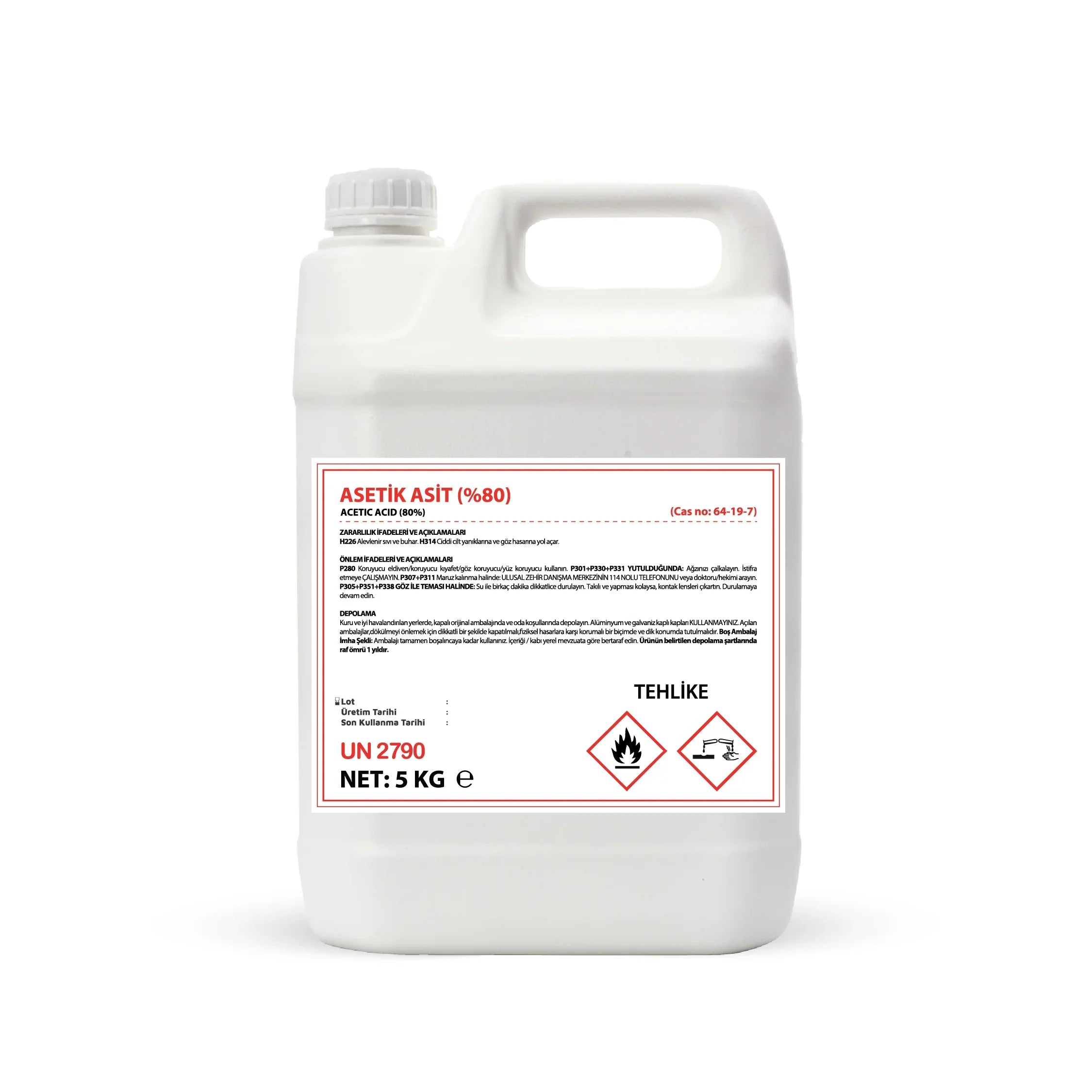 5 kg plastik bidonda %80 Asetik Asit, yanıcı ve aşındırıcı tehlike işaretleriyle