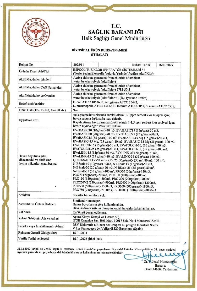 Official Turkish Ministry of Health biosidal product license for BSPOOL salt chlorine generator systems with details and signature