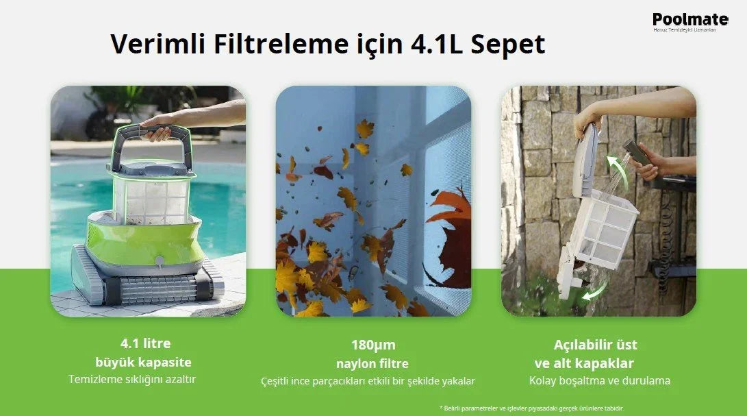 Havuz kenarında 4.1L kapasite filtre sepeti ile havuz robotu, naylon filtre ile yaprakları süzme ve açılır kapaklar