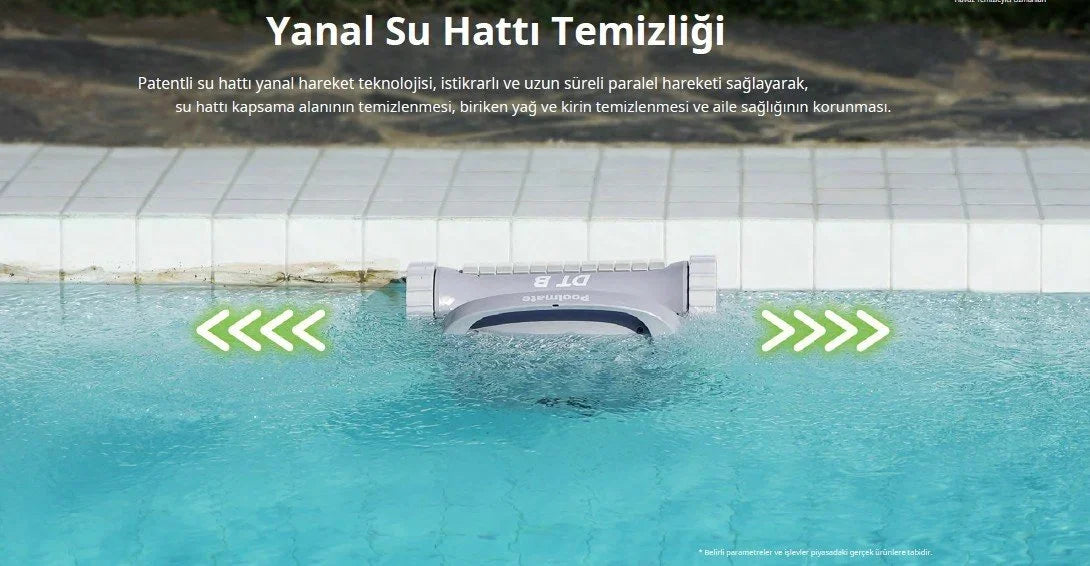 Yüzme havuzu kenarında yanal su hattı temizliği yapan gri robot havuz süpürgesi