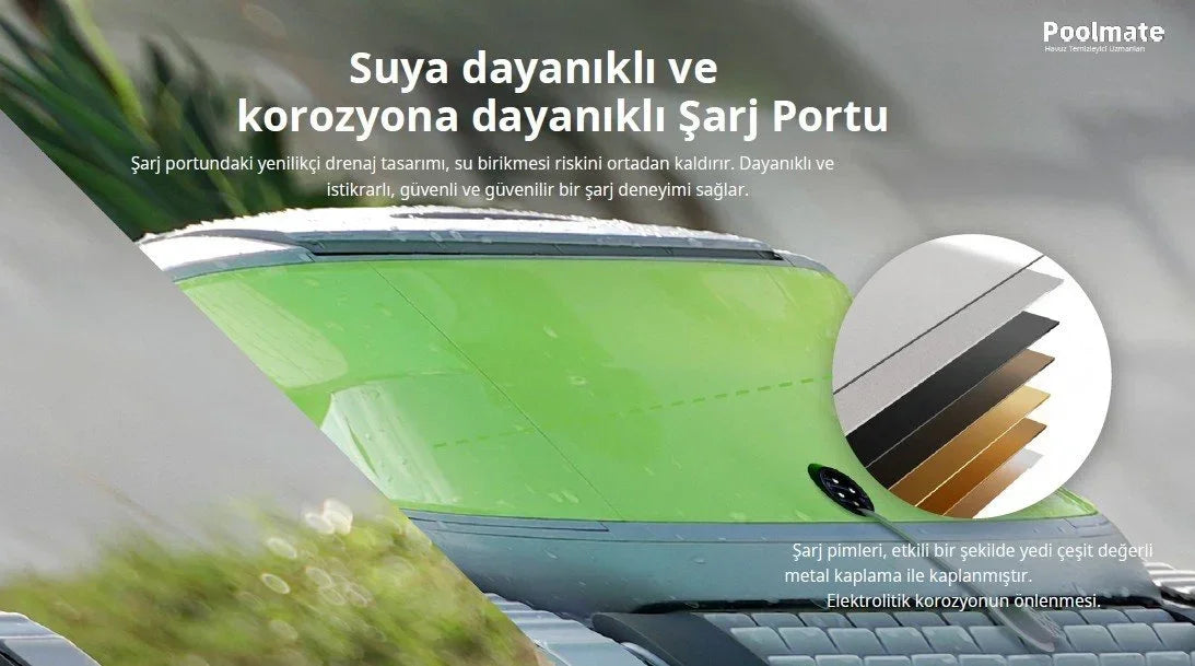 Yeşil kablosuz havuz robotu suya ve korozyona dayanıklı şarj portu detayları ile