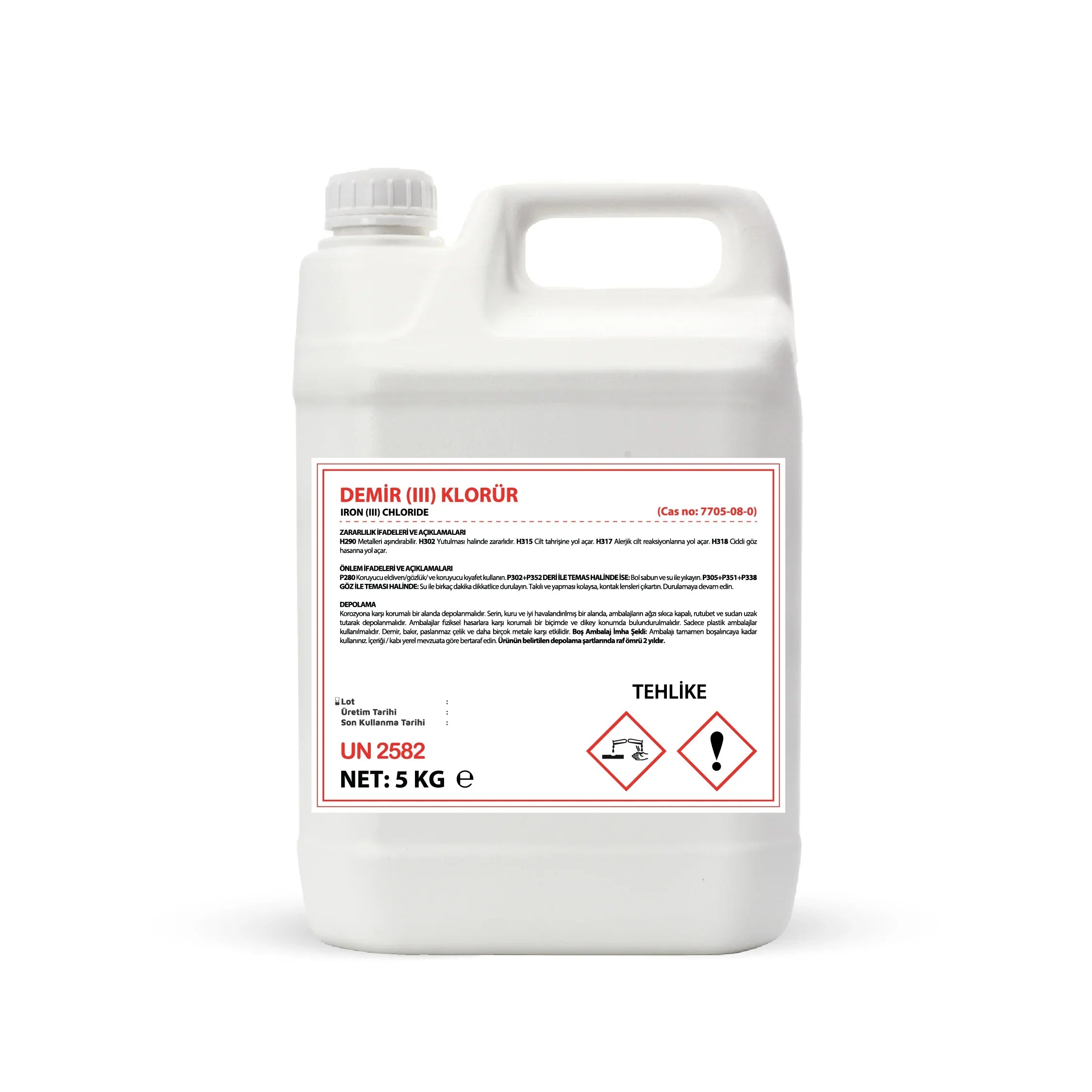 White 5 kg container of Iron (III) Chloride chemical with red warning labels and hazard symbols