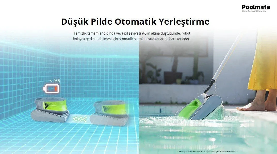 Düşük pil seviyesi %5'in altına inince otomatik havuz kenarına dönen Poolmate havuz temizleme robotu