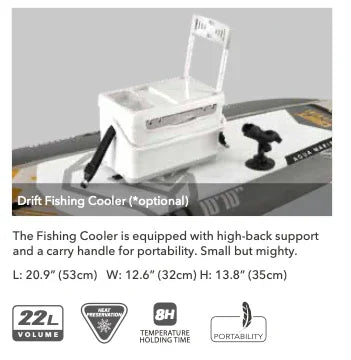 Compact white drift fishing cooler with high-back support and carry handle on kayak deck