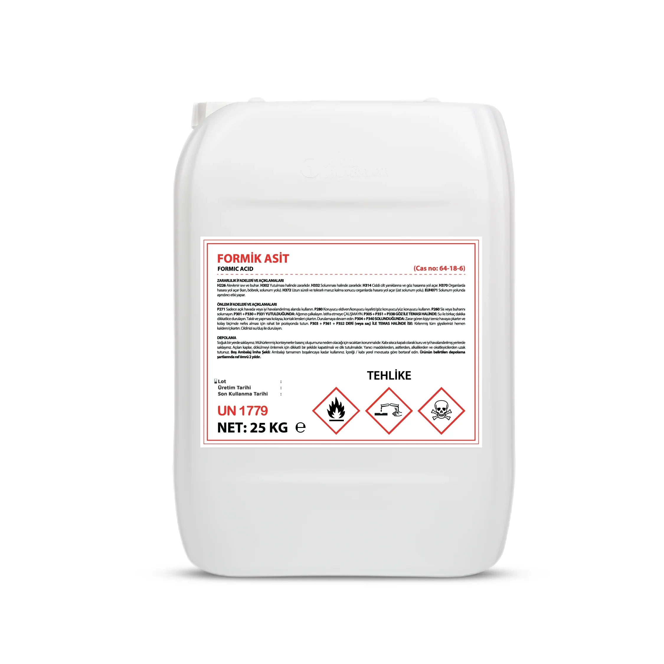 25 kg Formik Asit (Formic Acid) kimyasal tankı üzerinde tehlike işaretleriyle