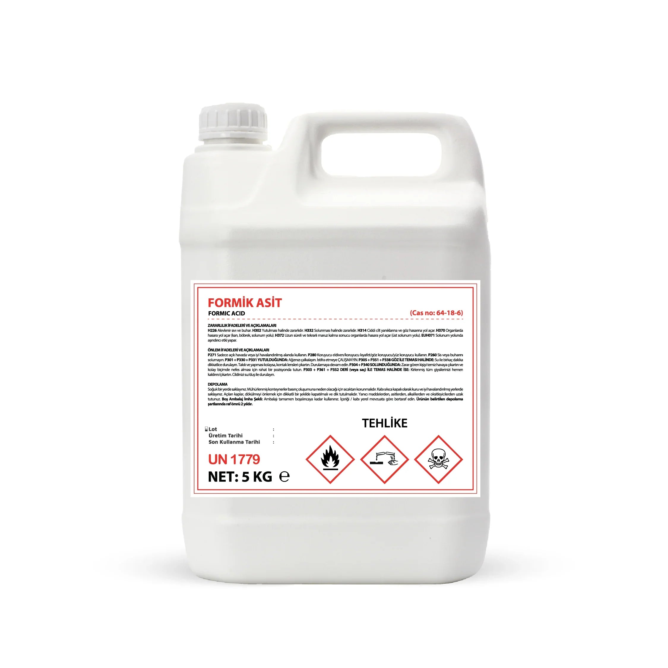 5 kg plastik bidonda Formik Asit formic acid kimyasal madde tehlike işaretleriyle