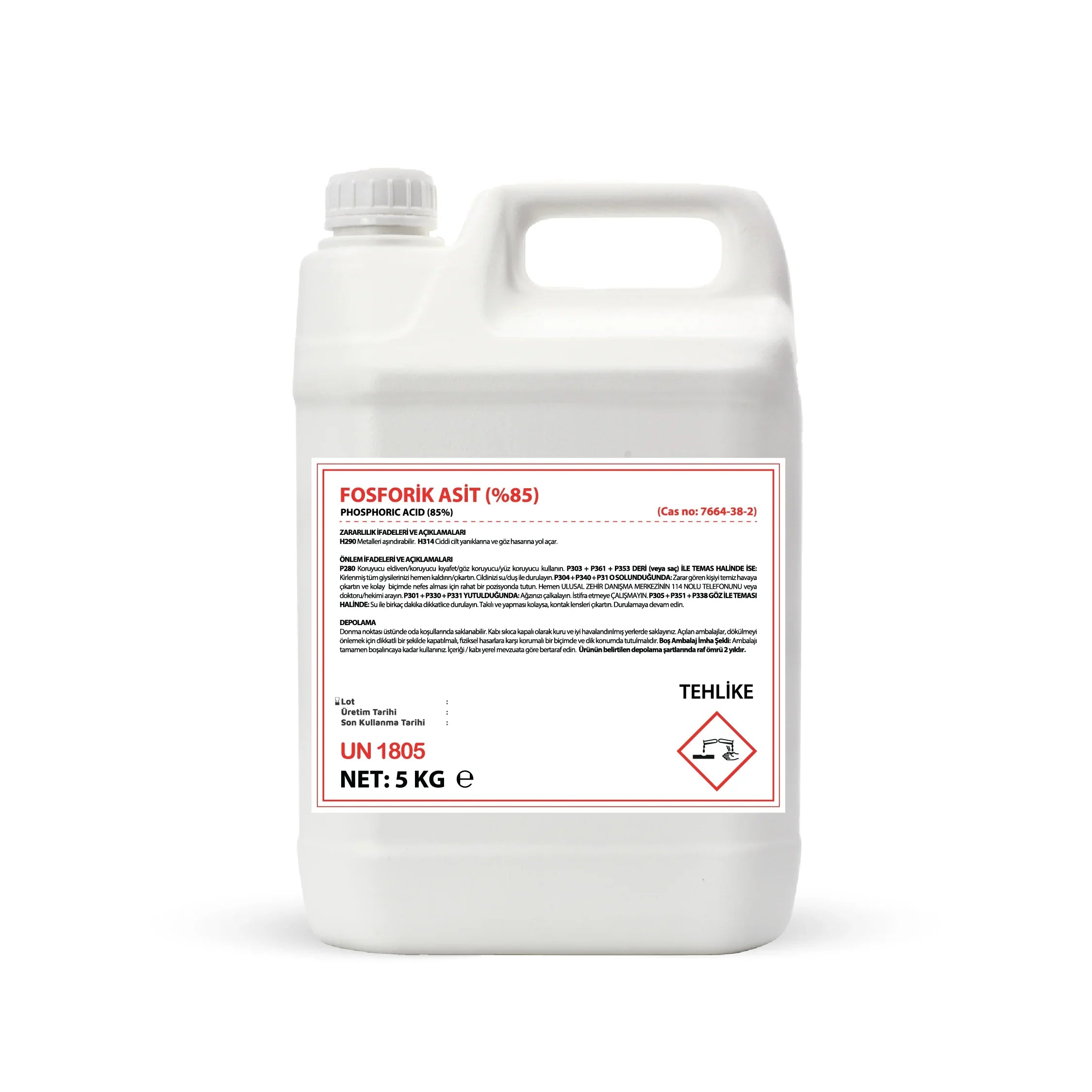 5 kg white plastic container of phosphoric acid 85% with hazard warning label