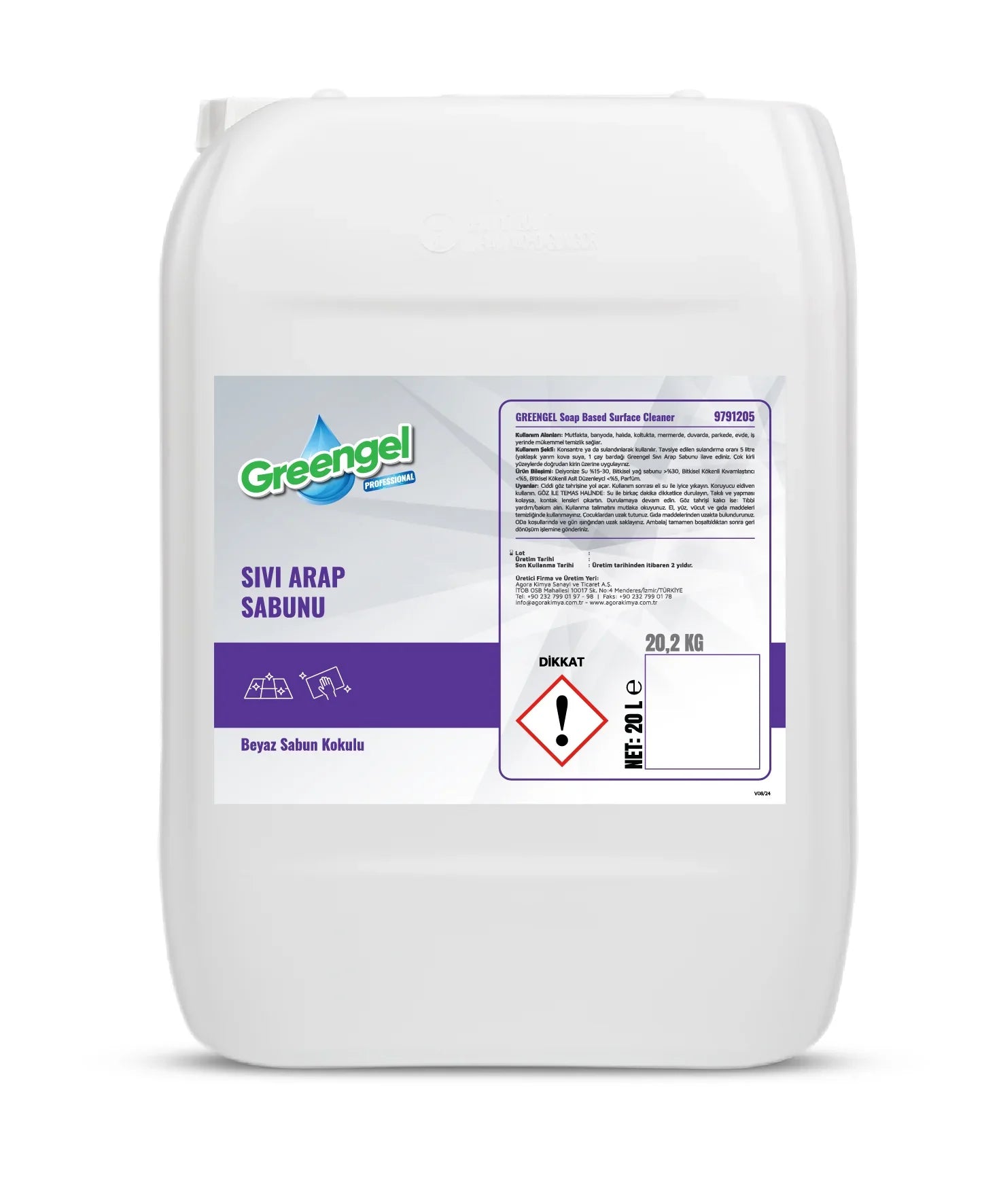 Greengel 20L sıvı Arap sabunu beyaz sabun kokulu, profesyonel yüzey temizleyici bidonu