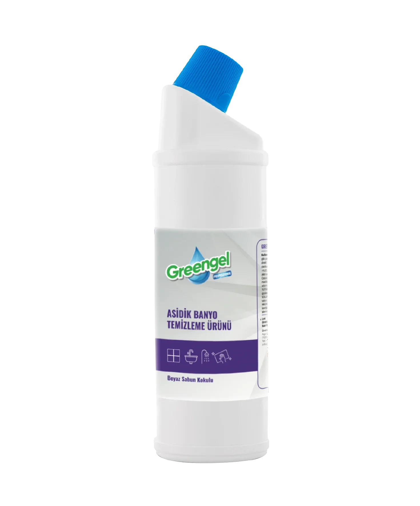 Greengel acidic bathroom cleaner with white soap scent in white bottle with blue cap