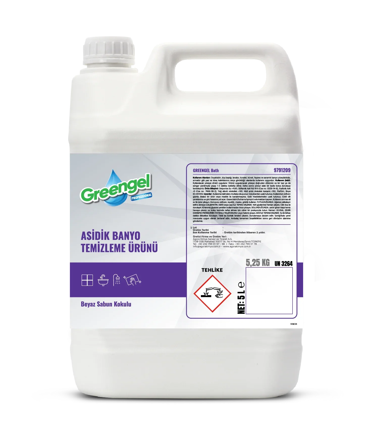 Greengel 5L acidic bathroom cleaning product with white soap scent in a white plastic container