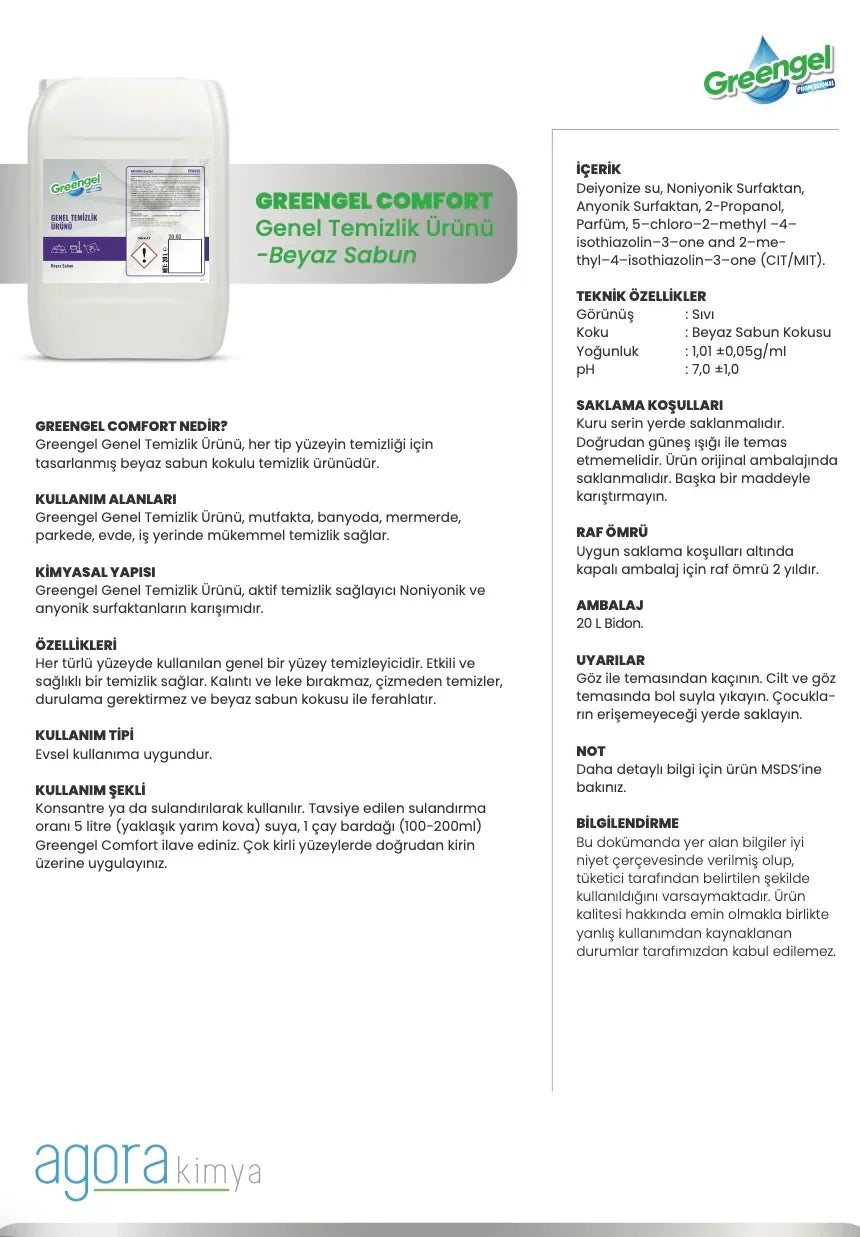 Greengel Comfort beyaz sabun kokulu 20L genel temizlik sıvısı bidonu