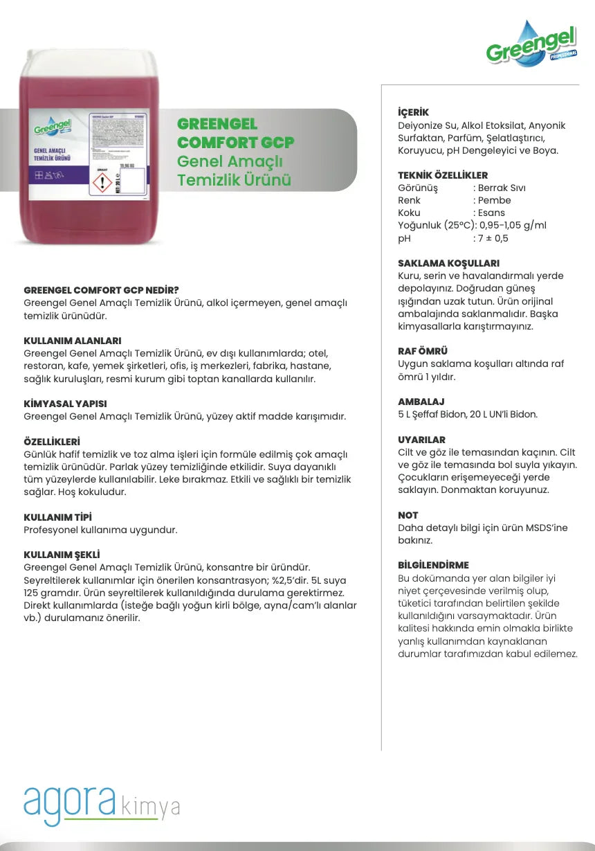 Greengel Comfort GCP Genel Amaçlı Temizlik Ürünü 5 litre pembe sıvı hijyen temizleyici