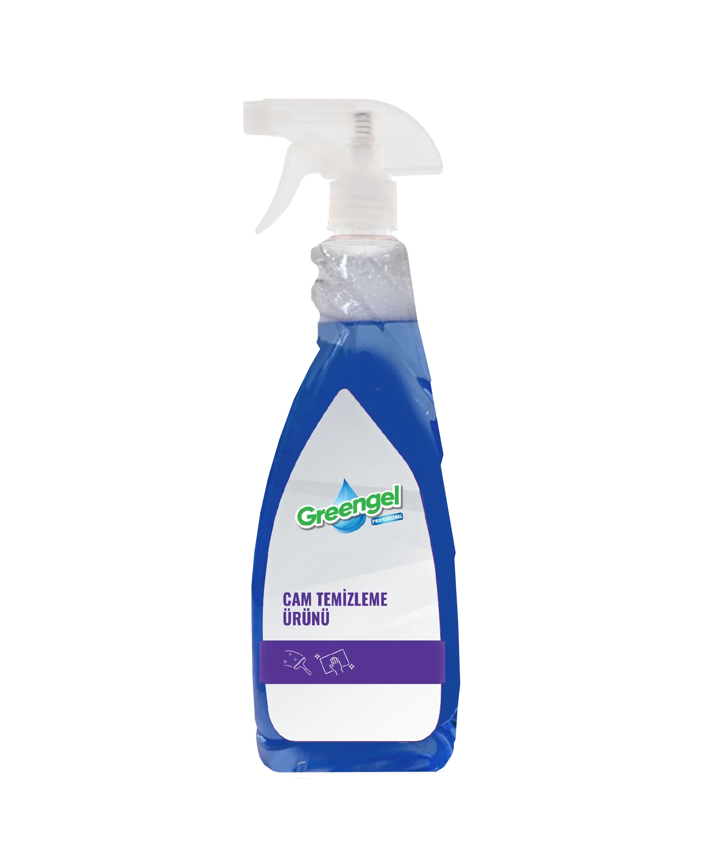 Greengel glass cleaner spray bottle with blue liquid and Turkish label on white background