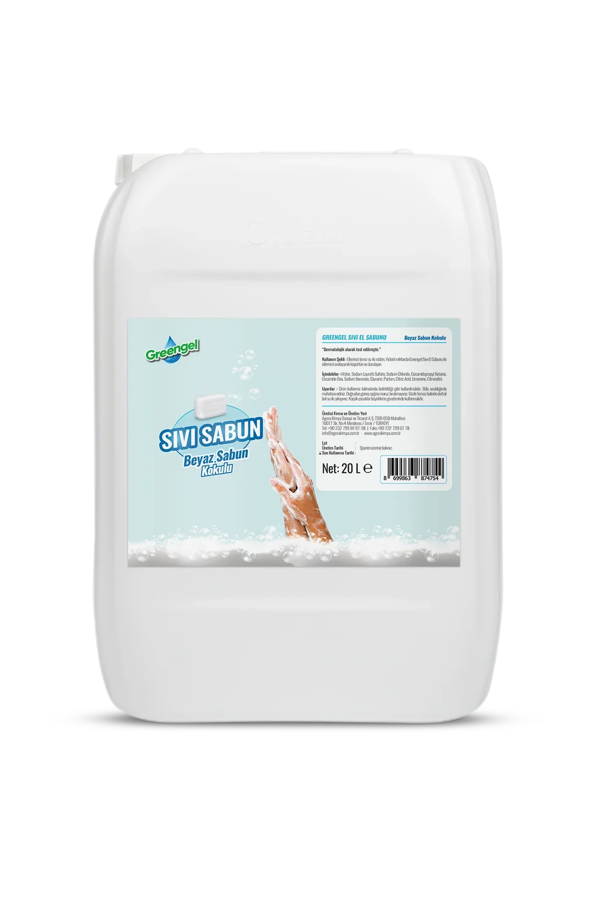 Greengel 20 litrelik beyaz sabun kokulu sıvı el sabunu büyük plastik bidon