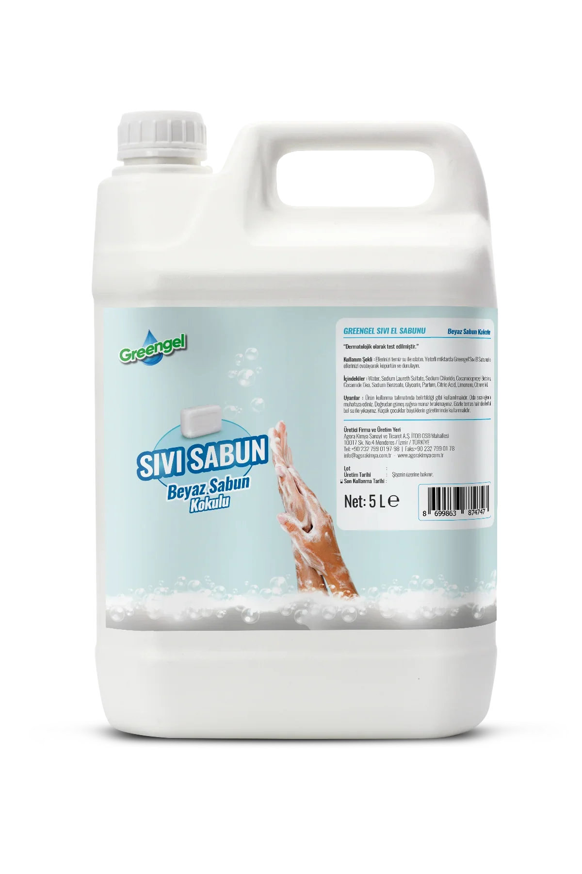 5-liter white plastic container of Greengel liquid hand soap with white soap scent and washing hands graphic