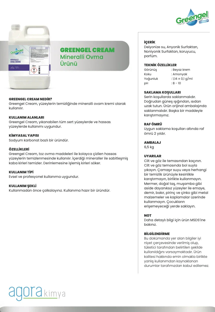 Greengel Cream Mineralli Ovma ürünü beyaz krem temizlik malzemesi, kimyasal içerik ve kullanım bilgileri