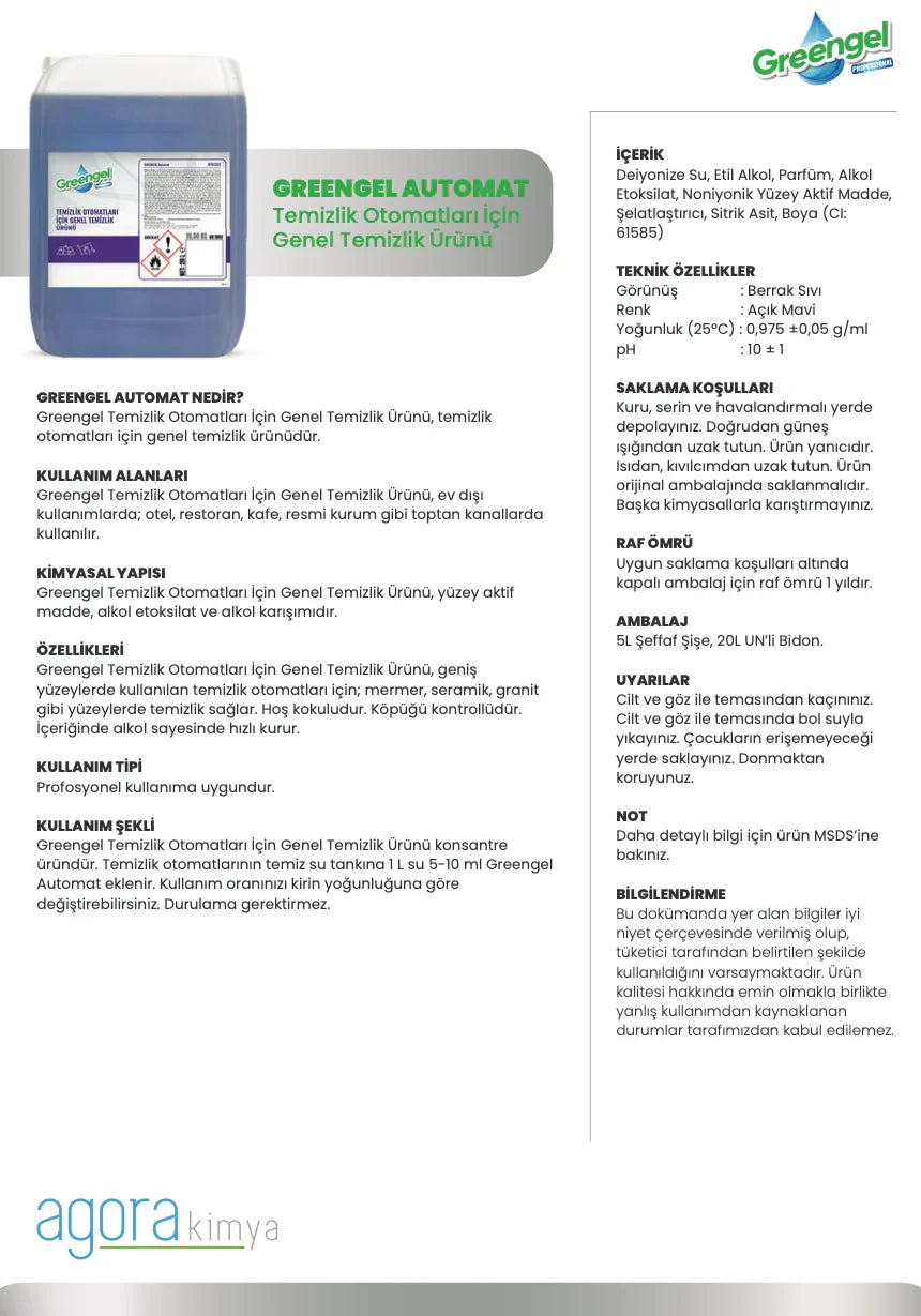 Greengel Automatı Temizlik Otomatları için Genel Temizlik Ürünü mavi sıvı 5L şeffaf bidon