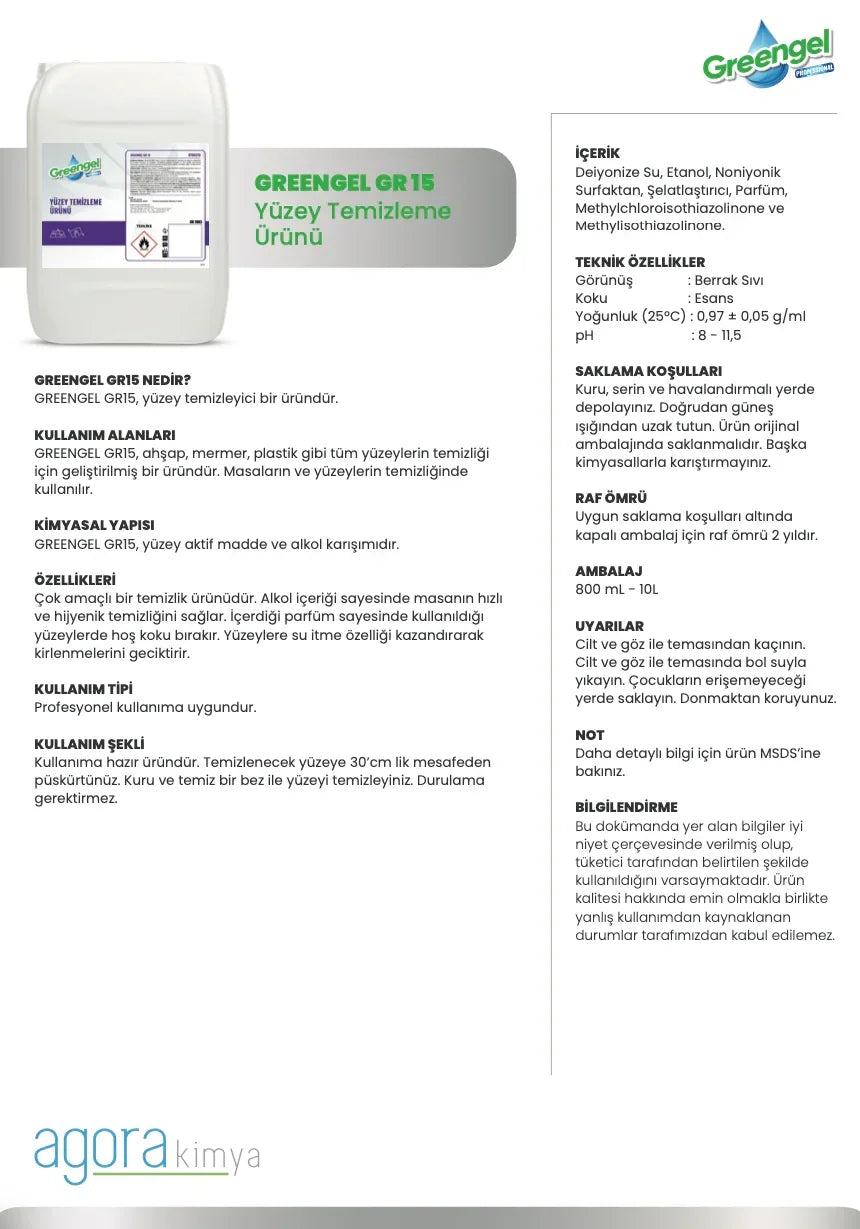 Greengel GR15 yüzey temizleme ürünü, ahşap, mermer ve plastik yüzeylerde hijyenik temizlik sağlar