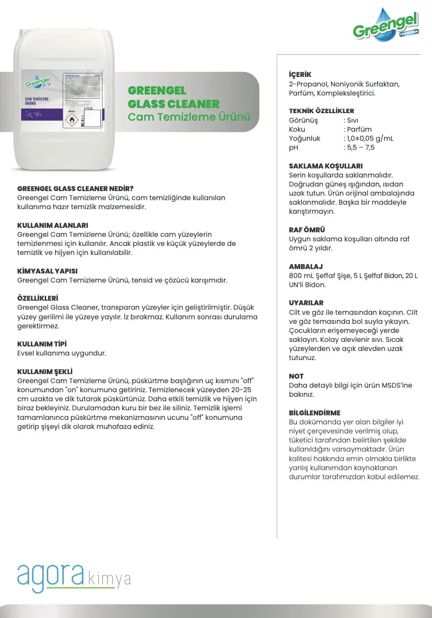 Greengel Cam Temizleme Ürünü 25 L bidon, cam temizleyici kimyasal özellikleri ve kullanım talimatları