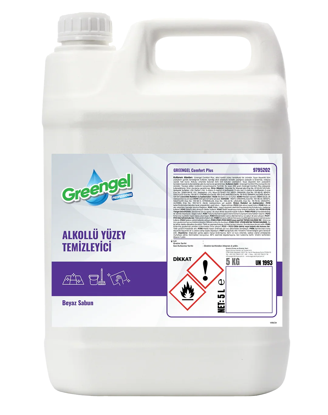 Greengel profesyonel alkollü yüzey temizleyici 5 litre beyaz sabun kokulu plastik bidon