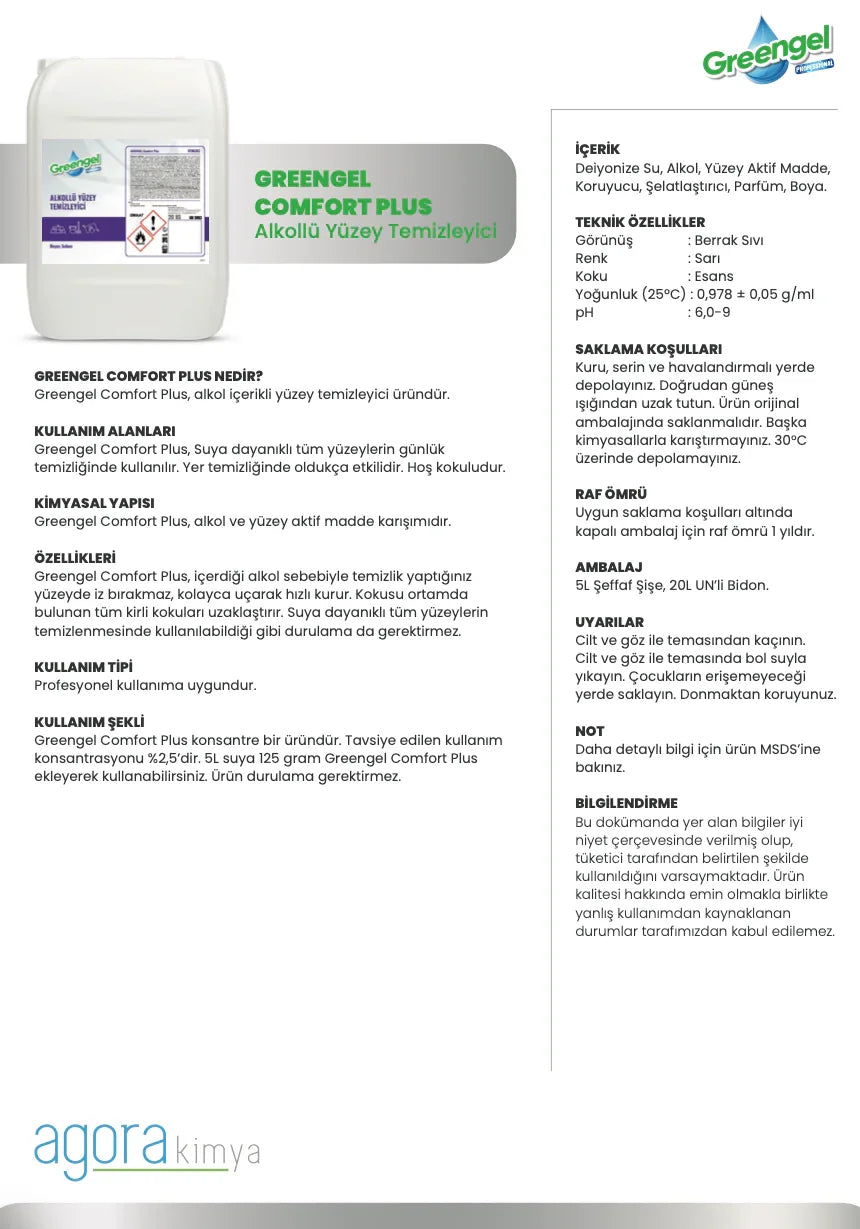 Greengel Comfort Plus alkollü yüzey temizleyici 5 litrelik şeffaf bidon ve ürün özellikleri