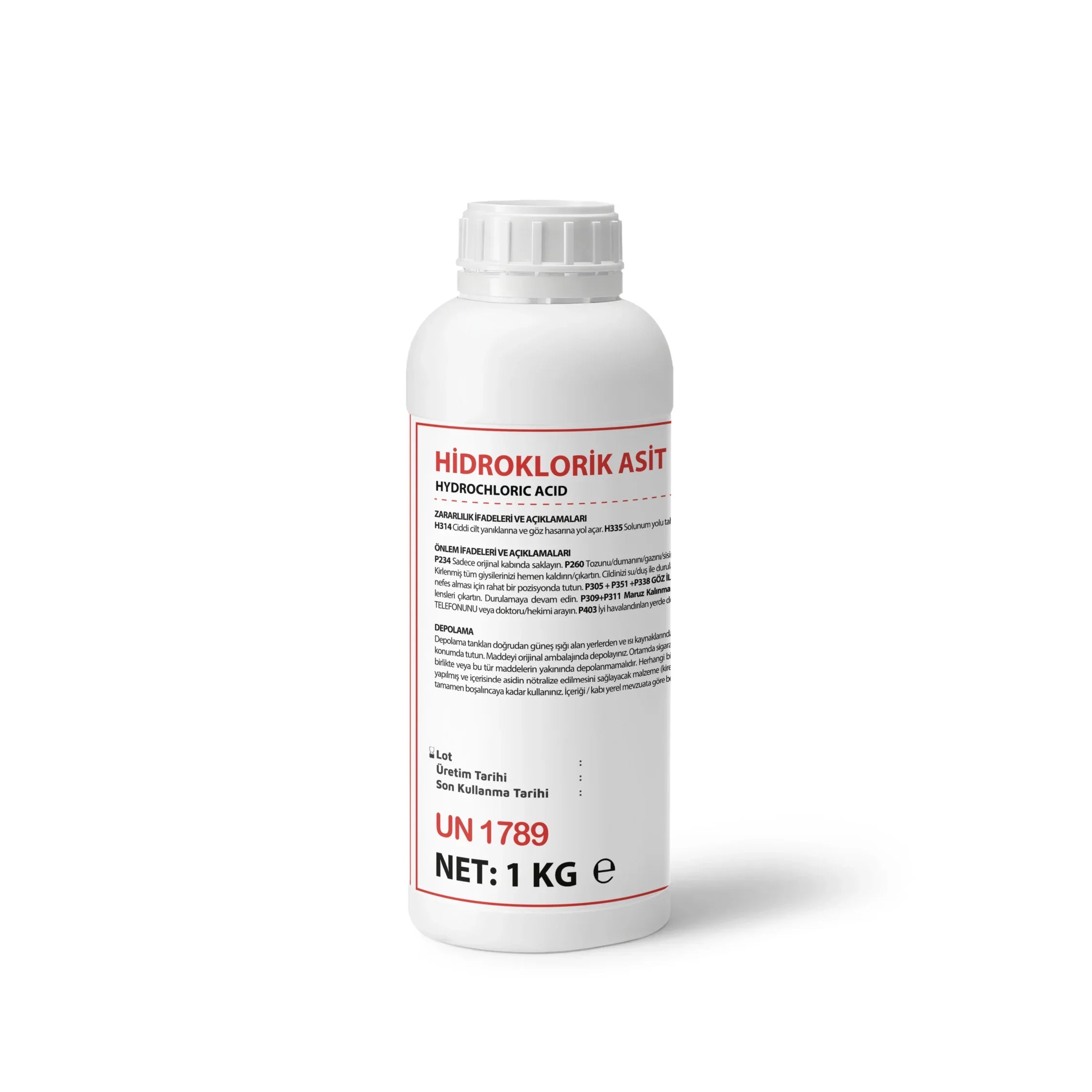 1kg white plastic bottle of hydrochloric acid with safety instructions and UN 1789 label