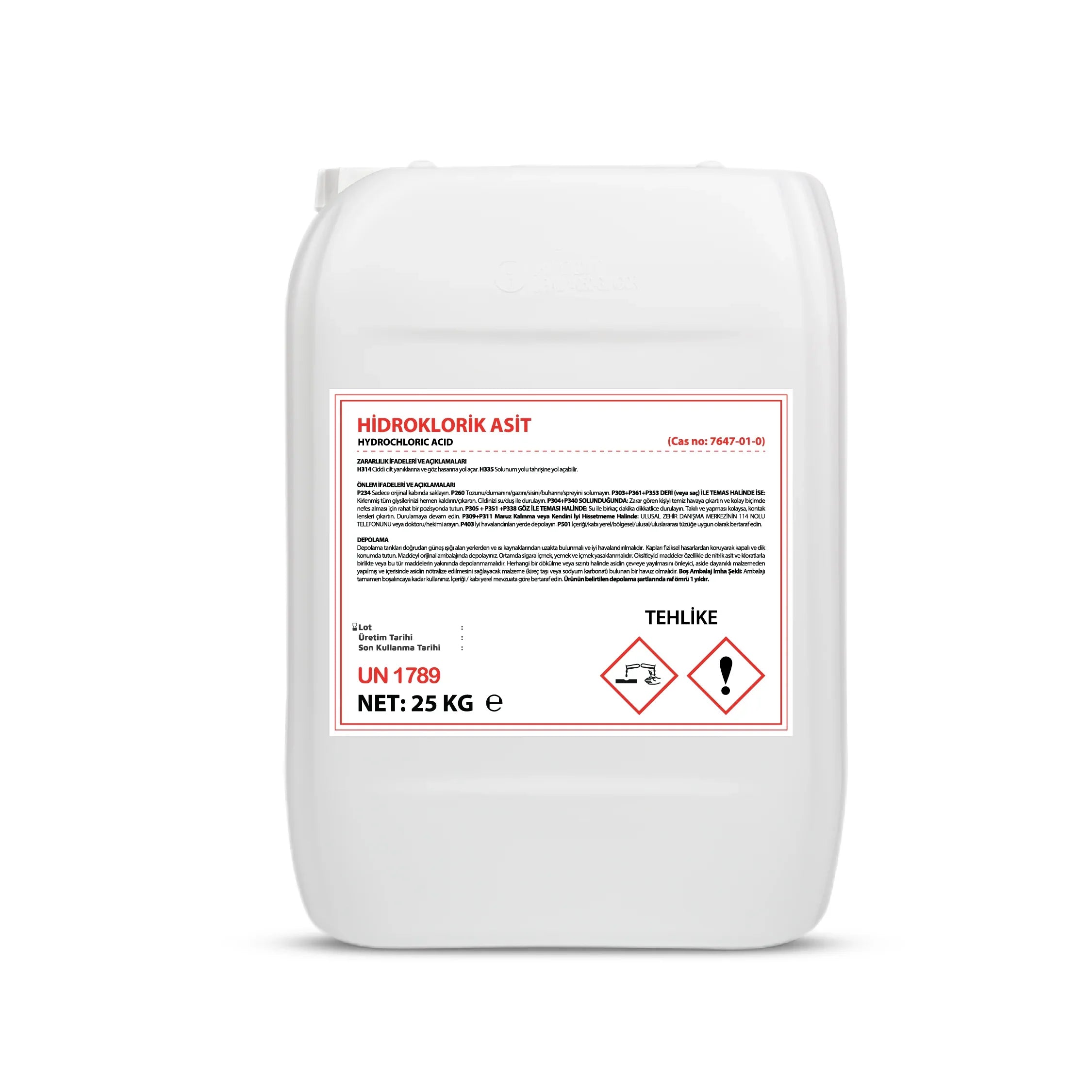 25kg white plastic container of hydrochloric acid with safety warning labels and hazard symbols