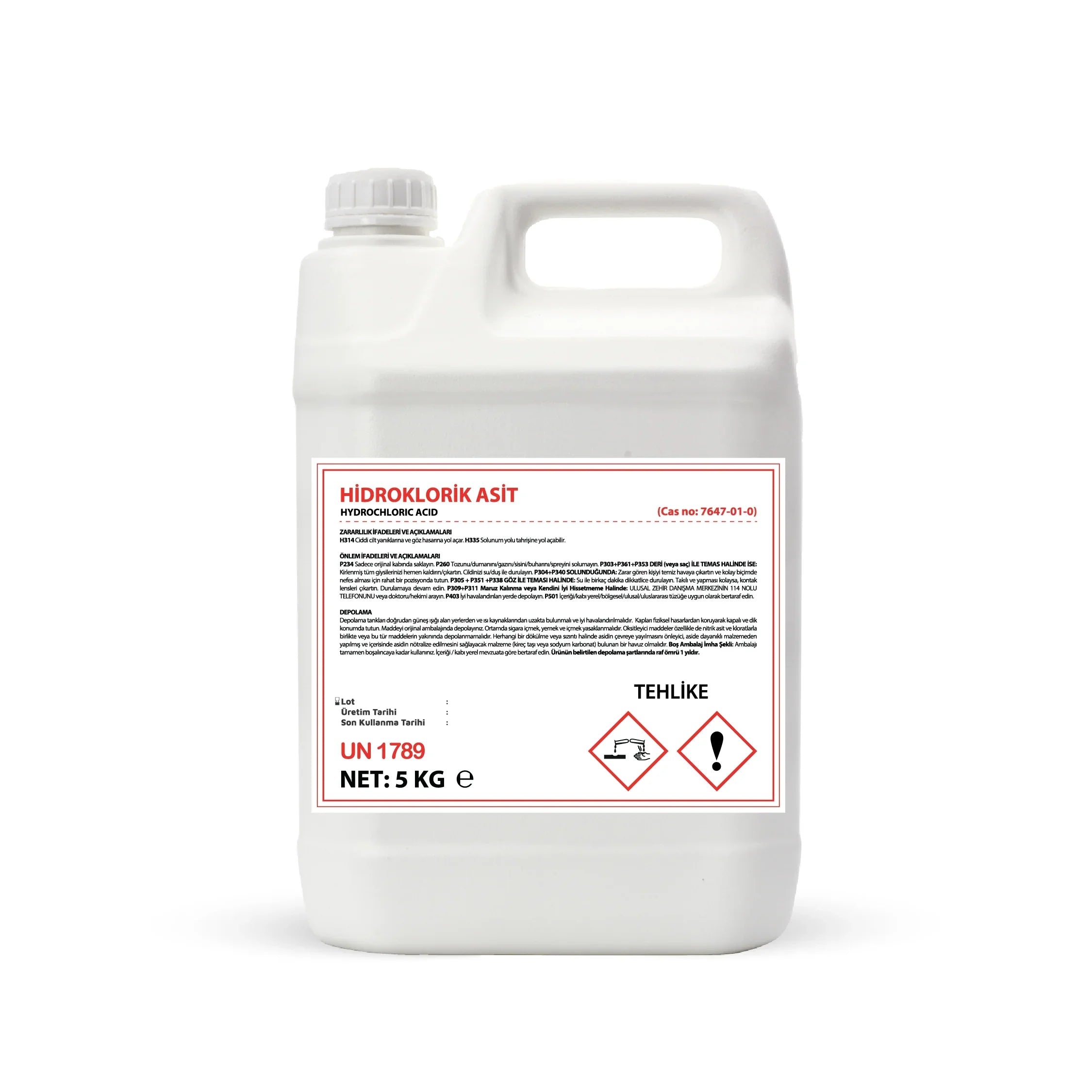 5 kg white plastic container of hydrochloric acid with chemical hazard symbols and Turkish label