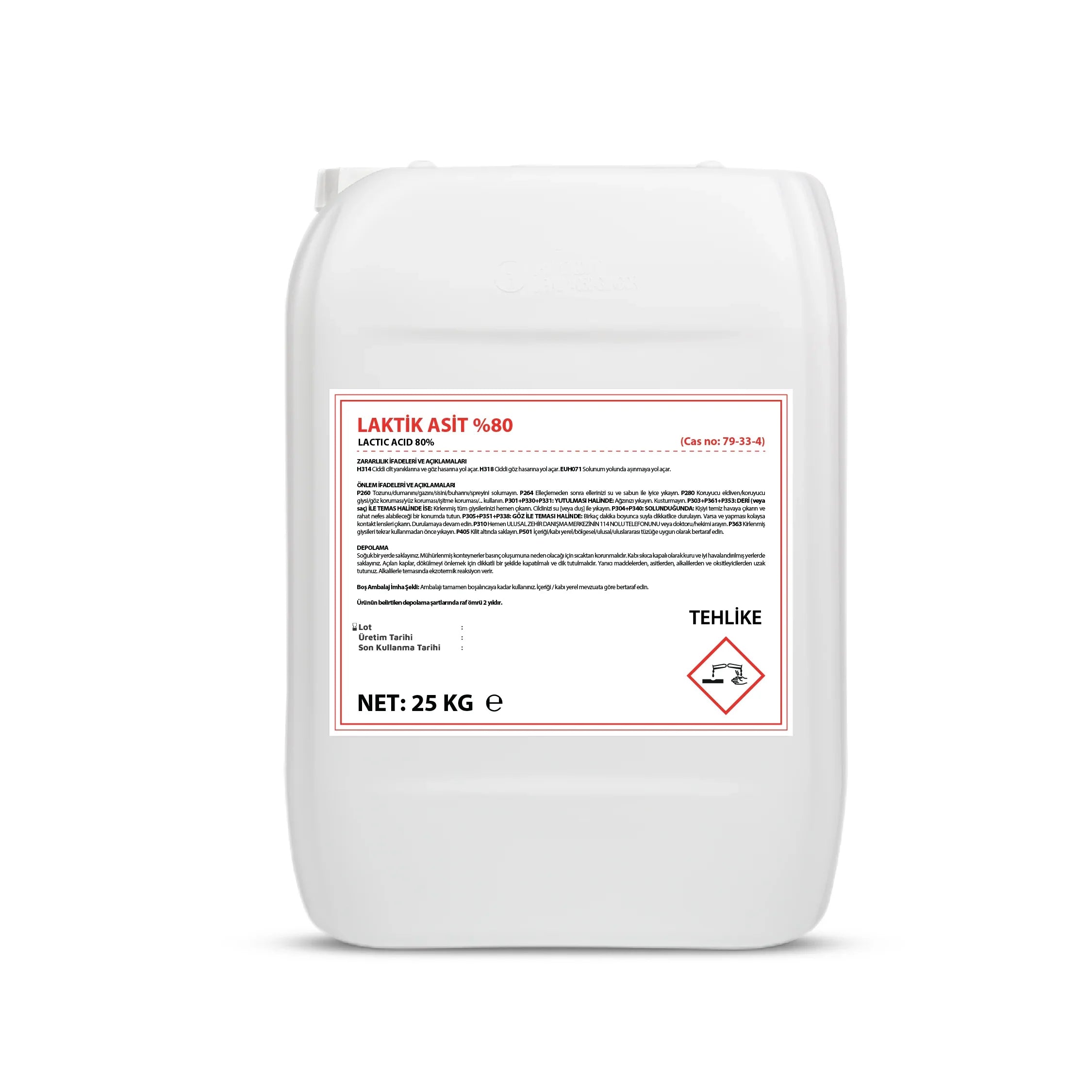 25kg white container of lactic acid 80% with hazard warning and Turkish label