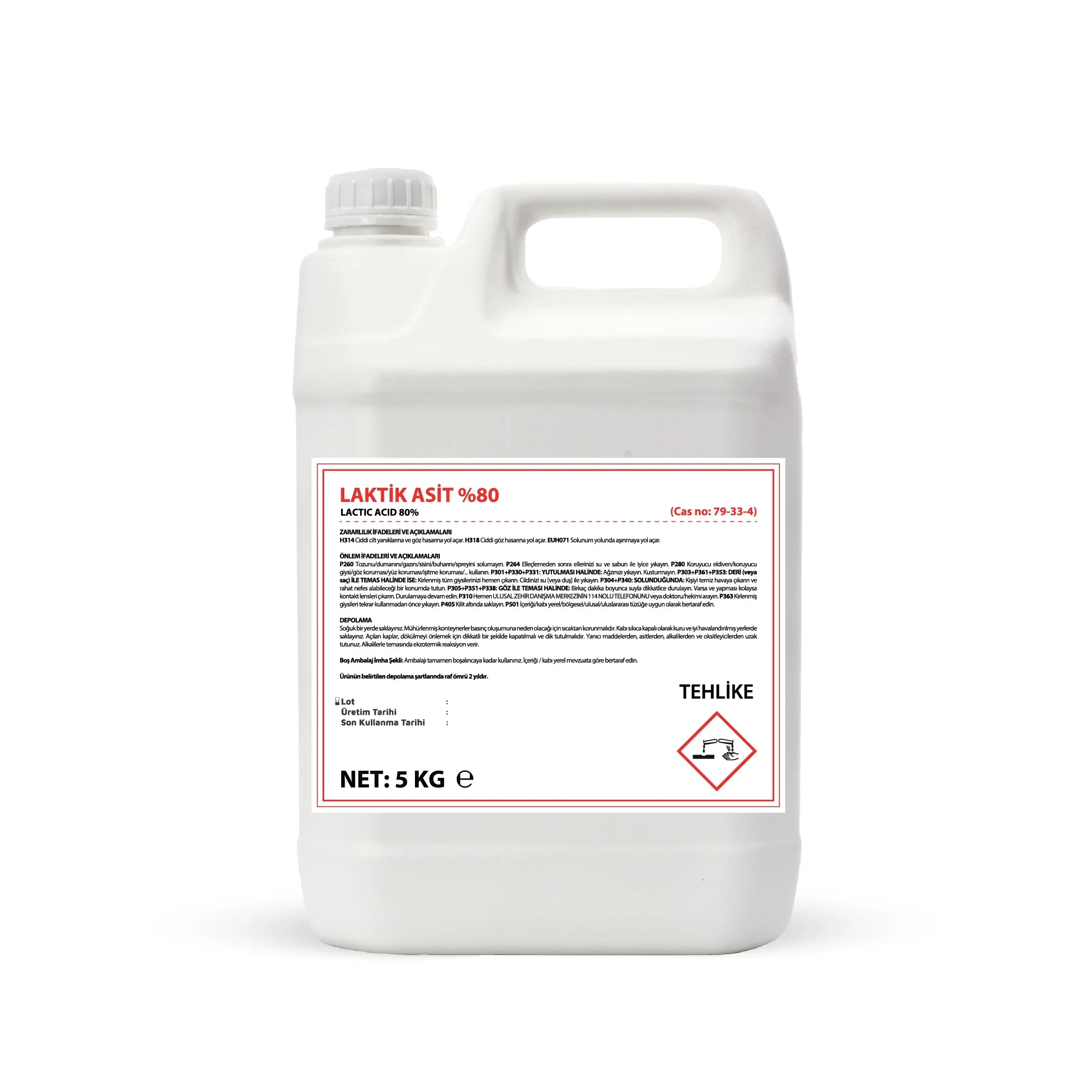 White plastic container of 5kg lactic acid 80% with safety and hazard warning label