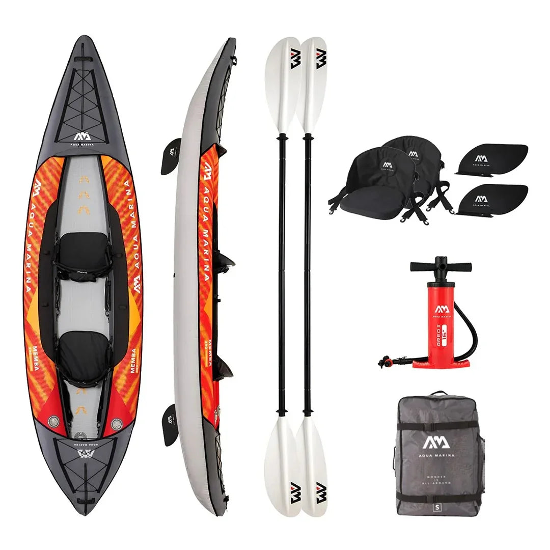 Turuncu kırmızı Aqua Marina şişme spor kayak, çift kürek, iki koltuk, pompa ve taşıma çantası