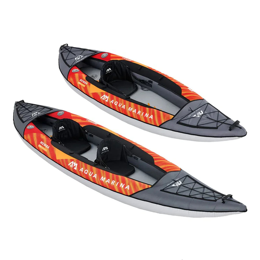 İki kişilik kırmızı turuncu Aqua Marina Memba sportif şişme kano, siyah koltuklarla