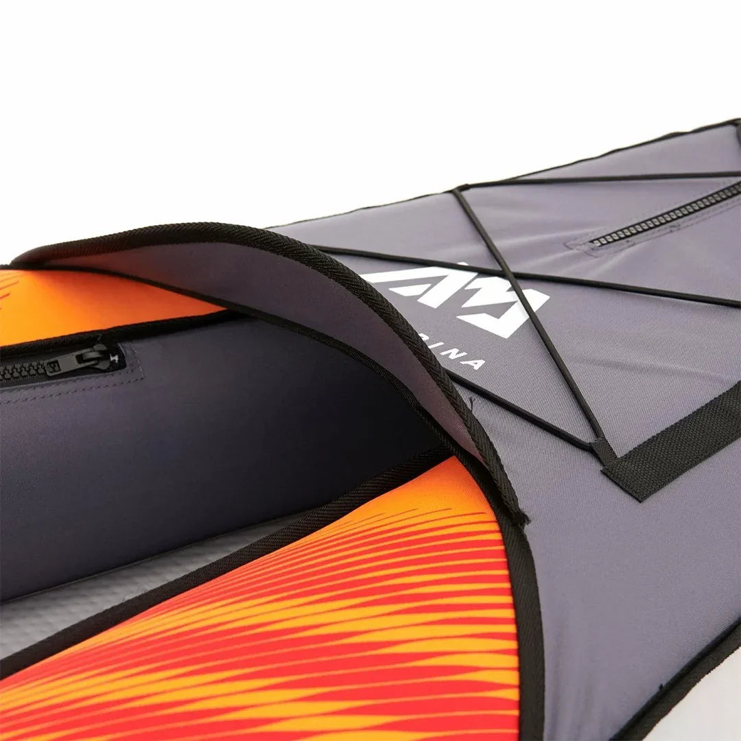 Kayak taşıma çantası detayları, gri dış kumaş, turuncu iç astar ve siyah fermuar