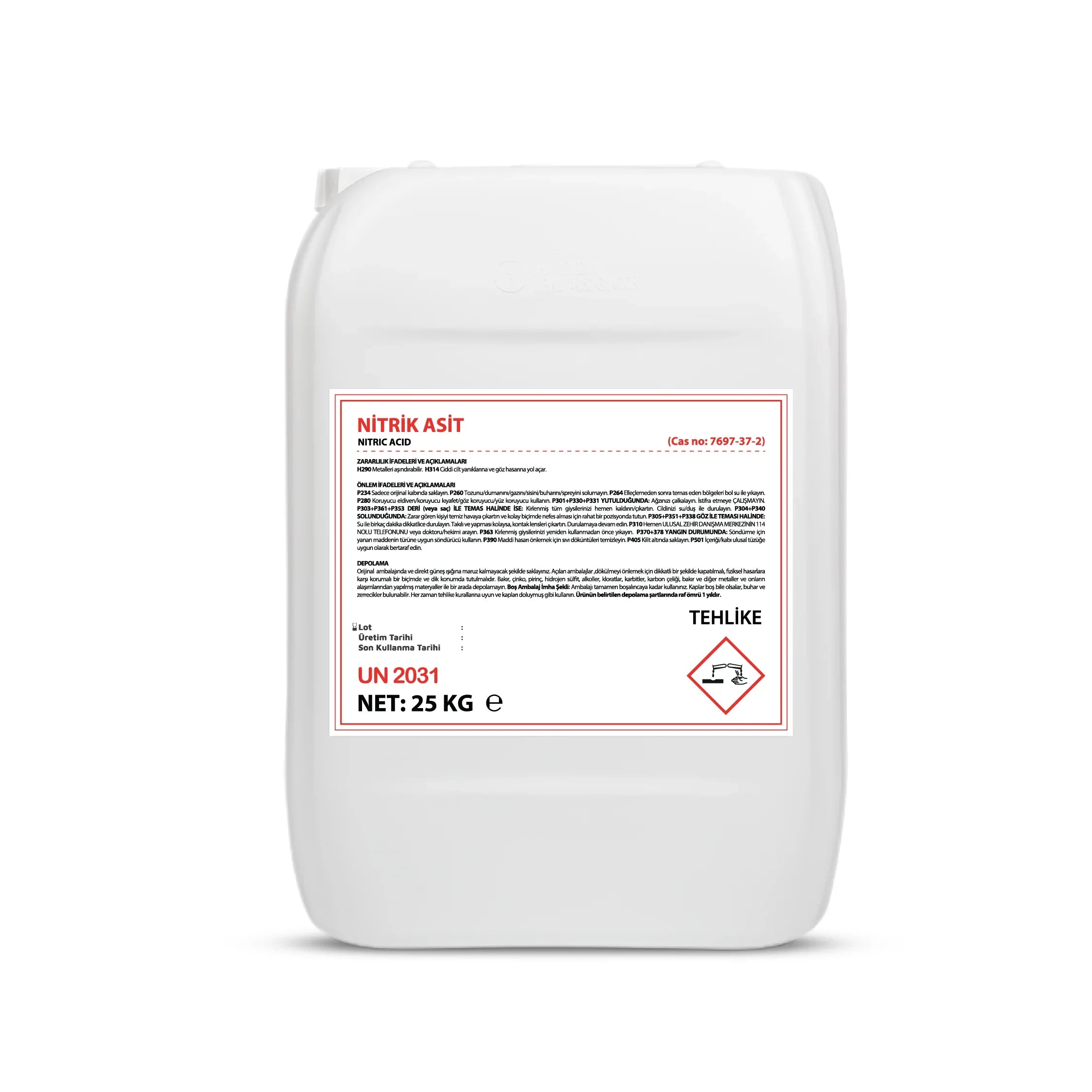 25 kg white plastic container of nitric acid labeled safety warnings and hazard symbol