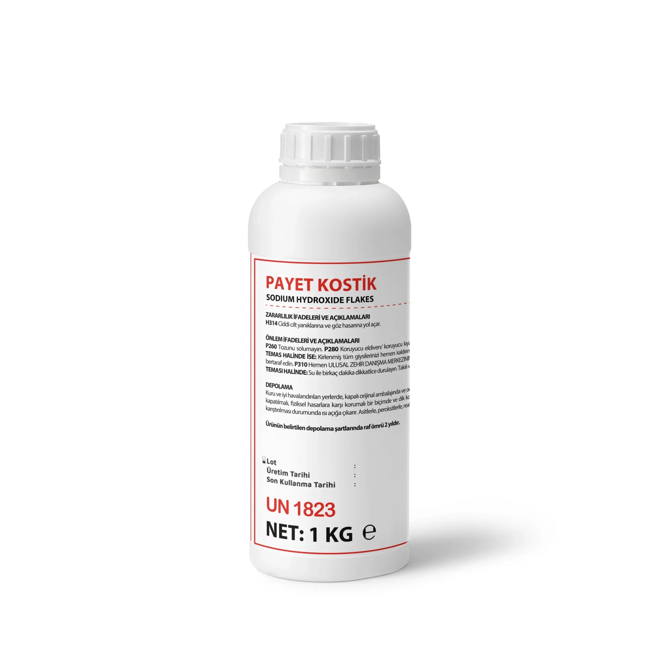 White plastic bottle of Payet Kostik sodium hydroxide flakes 1kg with red and black label