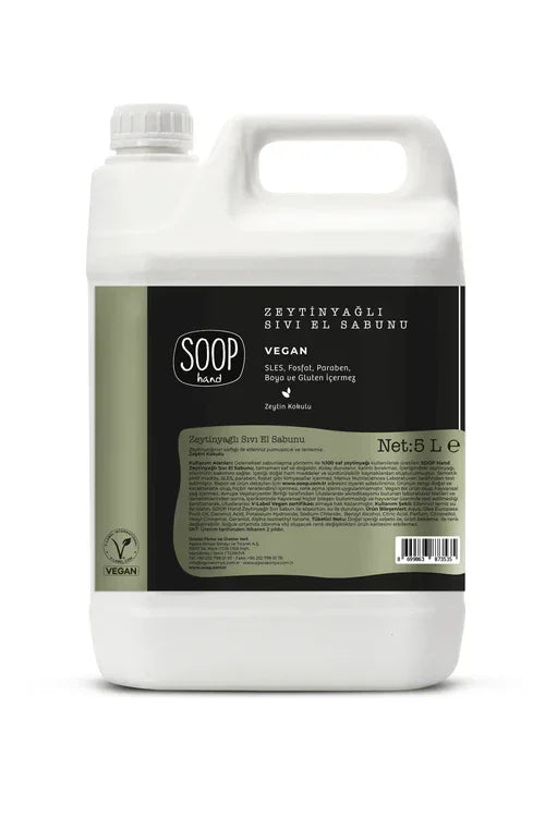 Soop hand zeytinyağlı vegan sıvı el sabunu 5 litre plastik kutuda