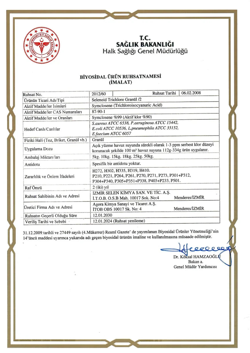 T.C. Sağlık Bakanlığı biyosidal ürün ruhsatnamesi, Selenoid Trichlore toz klor granül ürün bilgileri