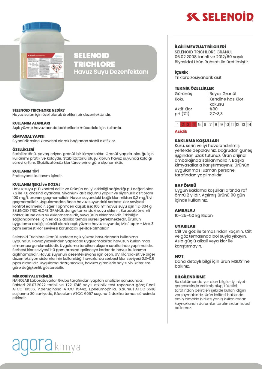 Selenoid Trichlore havuz suyu dezenfektanı granül beyaz toz klorlu ürün bilgileri ve kullanım talimatları